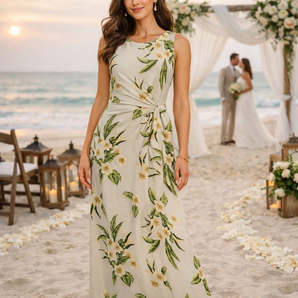 Land's End Maxi Dress Sleeveless Tie Cotton Modal light stone cream plumeria MT